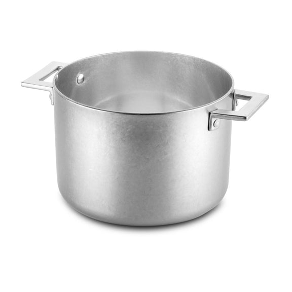 Stainless steel pot with handles on a white background