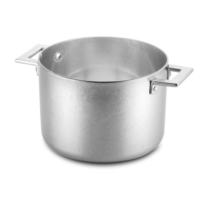 Stainless steel pot with handles on a white background