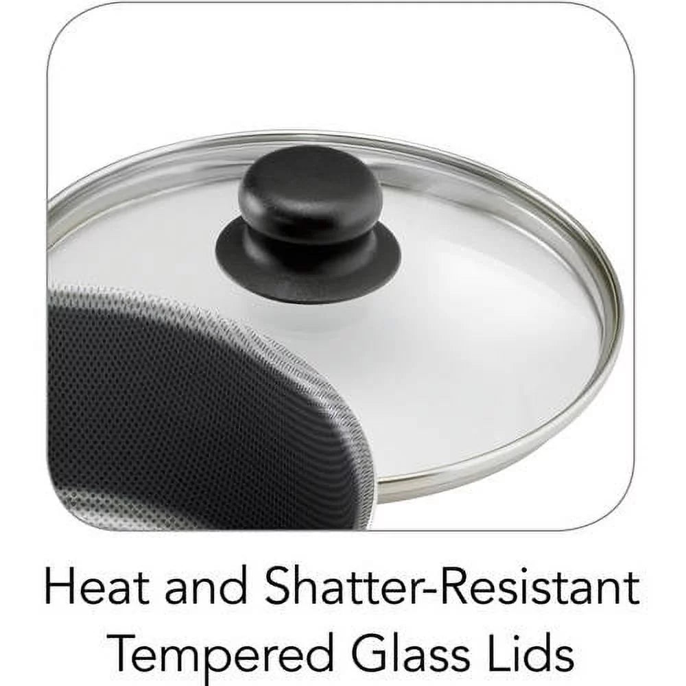 Glass lid with black handle on a white background, labeled 'Heat and Shatter-Resistant Tempered Glass Lids'.