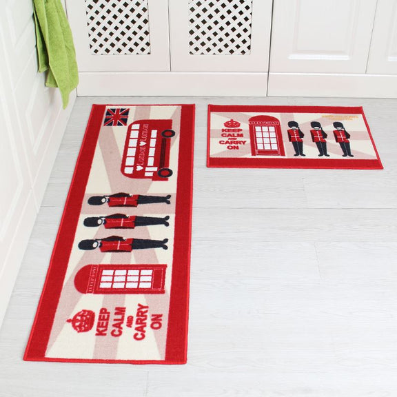 Two decorative mats with British-themed designs on a white floor.
