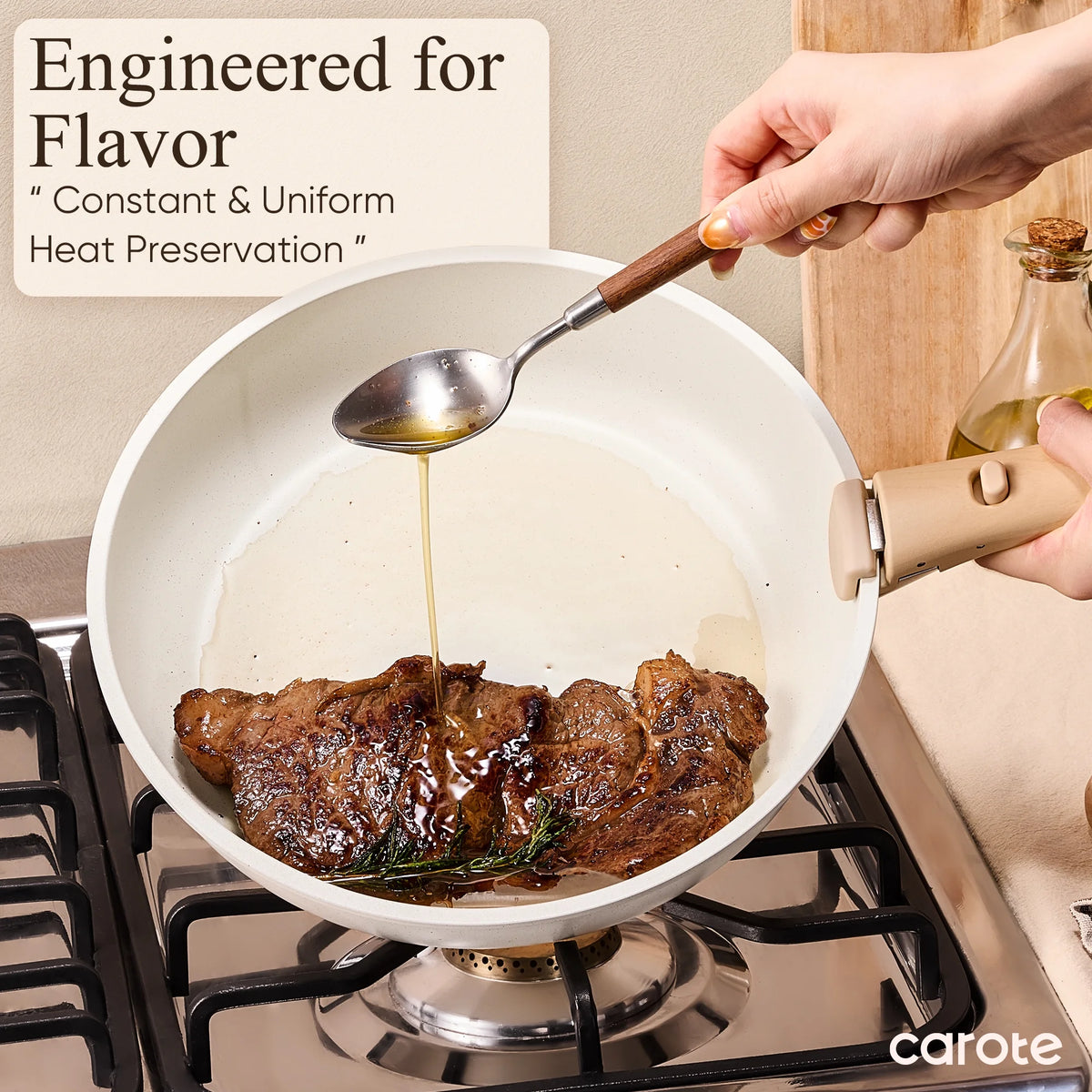 Person pouring sauce over cooked meat in a pan on a stove, with 'carote' branding.