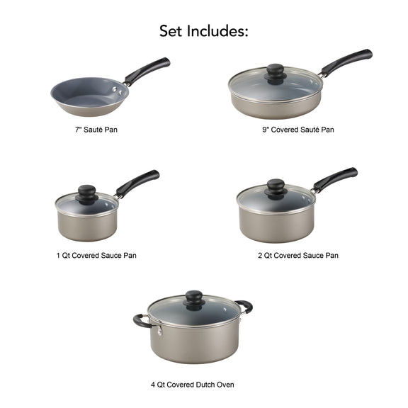 Set of cookware including sauté pans and sauce pots with lids on a white background.