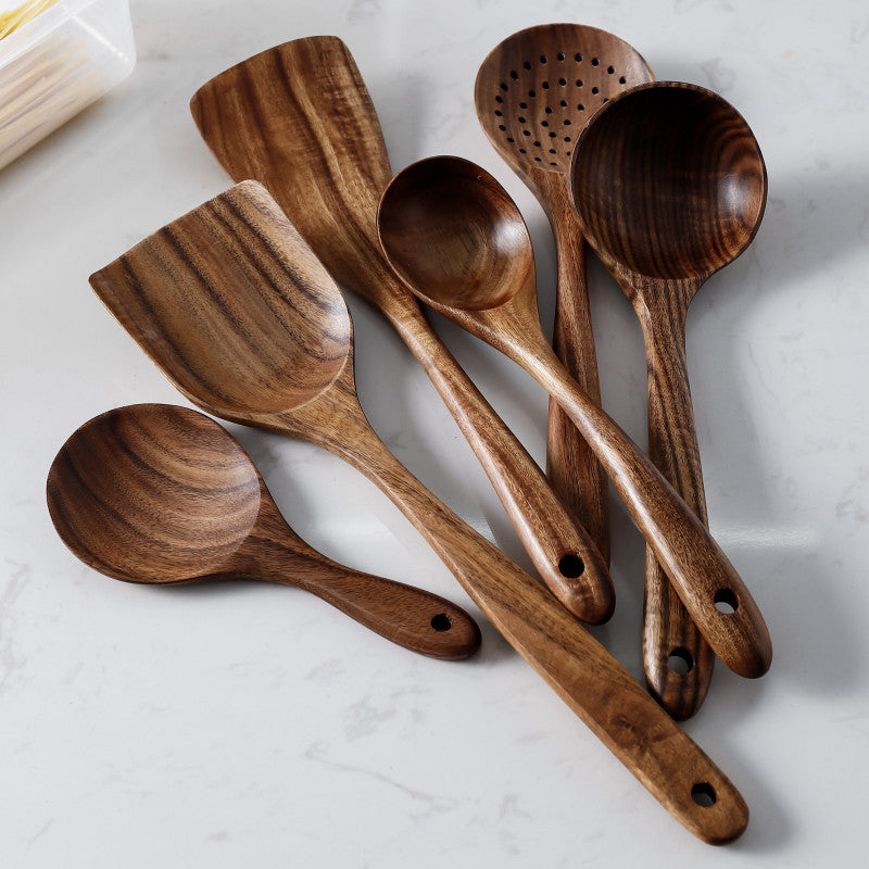 Teak Natural Wood Ladle Turner Colander Soup Skimmer Tool Set
