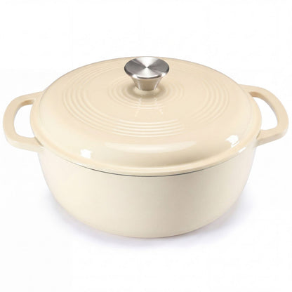 Beige enameled cast iron cookware pot with lid on a white background