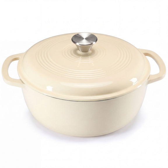 Beige enameled cast iron cookware pot with lid on a white background