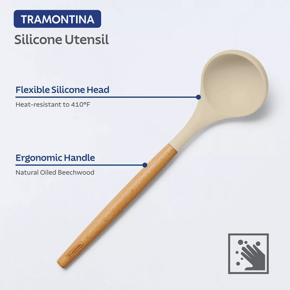 Tramontina silicone spoon with wooden handle on a light blue background