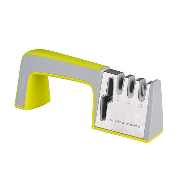Knife sharpener with a yellow handle on a white background