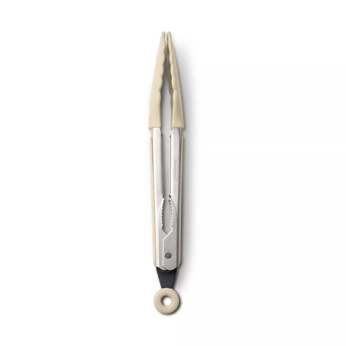 Metal tongs with beige handles on a white background