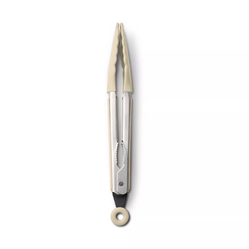 Metal tongs with beige handles on a white background