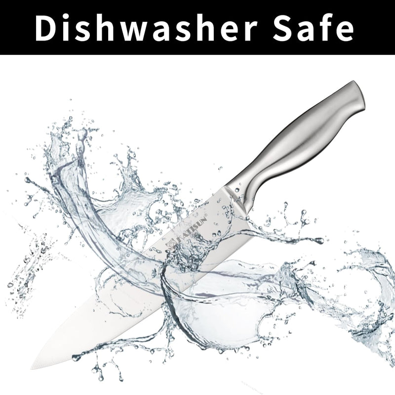 Knife with water splashes and 'Dishwasher Safe' text on a white background
