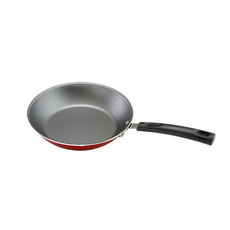 Red frying pan with black handle on white background
