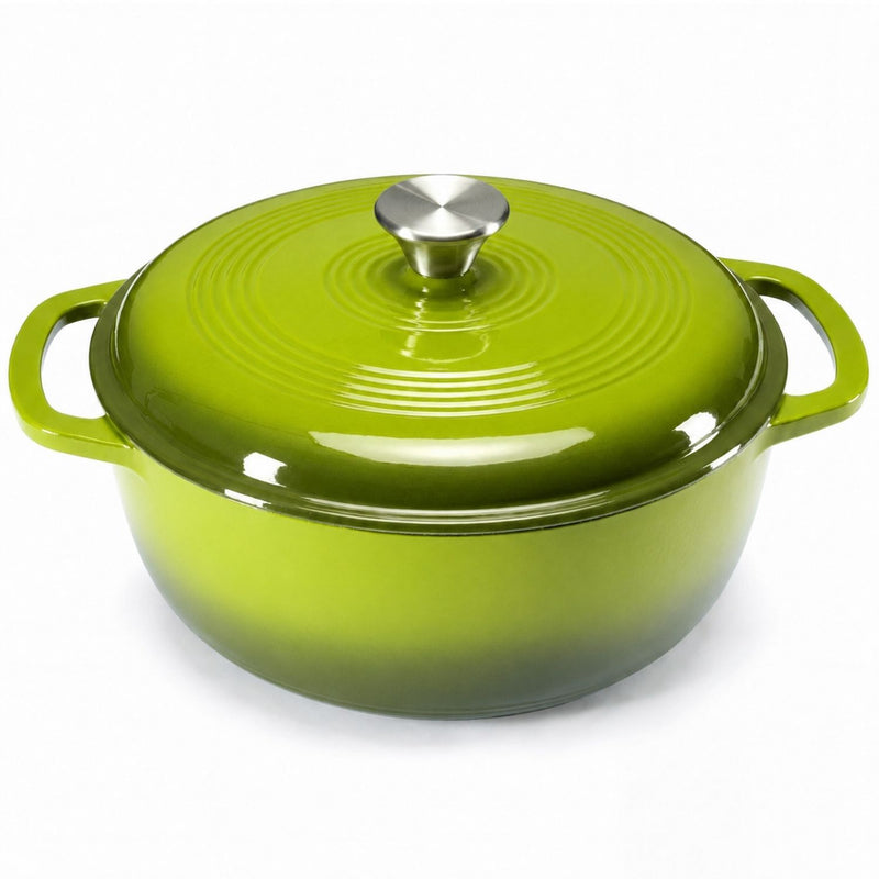 Green cast iron cookware with a silver lid on a white background