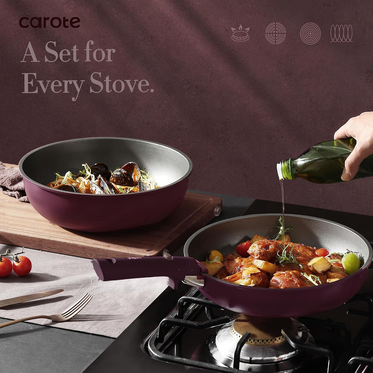 32Pcs Pots and Pans Set Non Stick Cookware Set with Detachable Handle - Ultra Violet