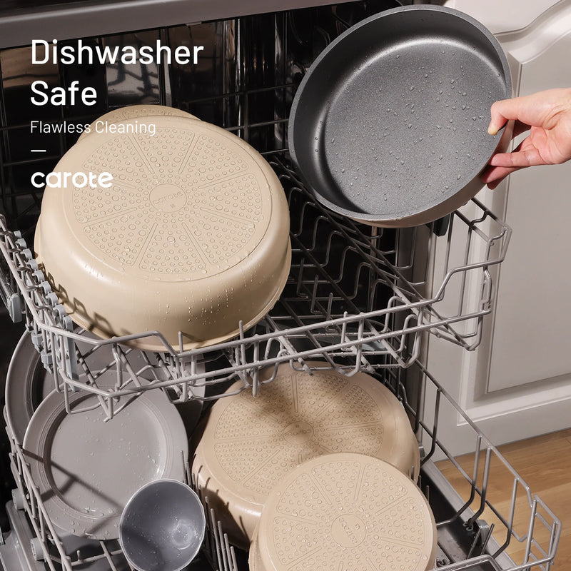 Dishwasher with dishes including a round beige lid, a gray pan, and other items.