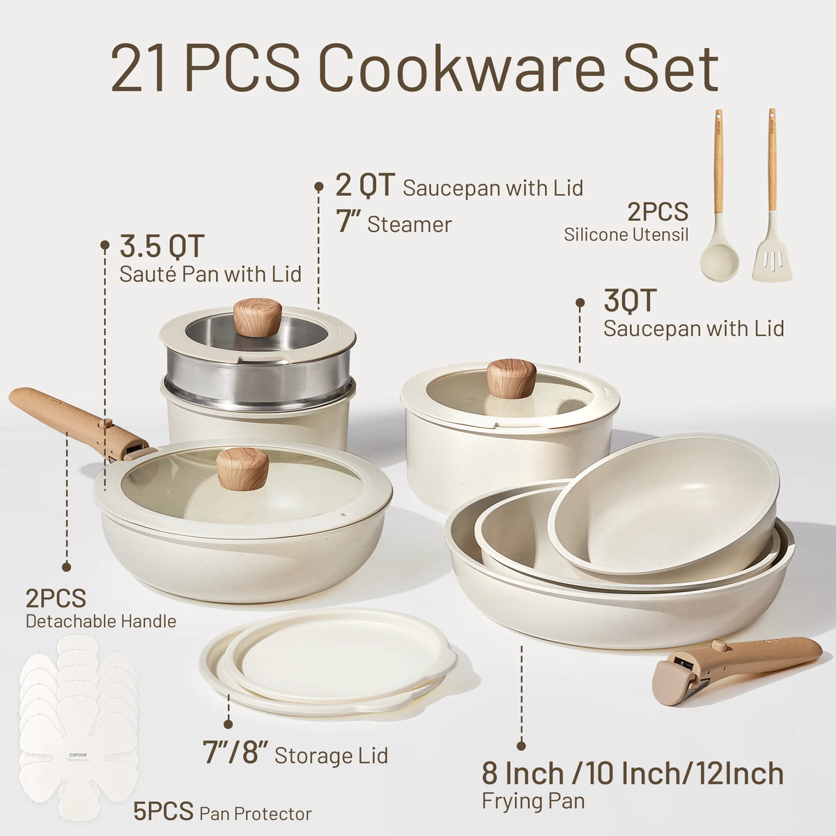 21-piece cookware set with various pots, pans, and utensils on a white background
