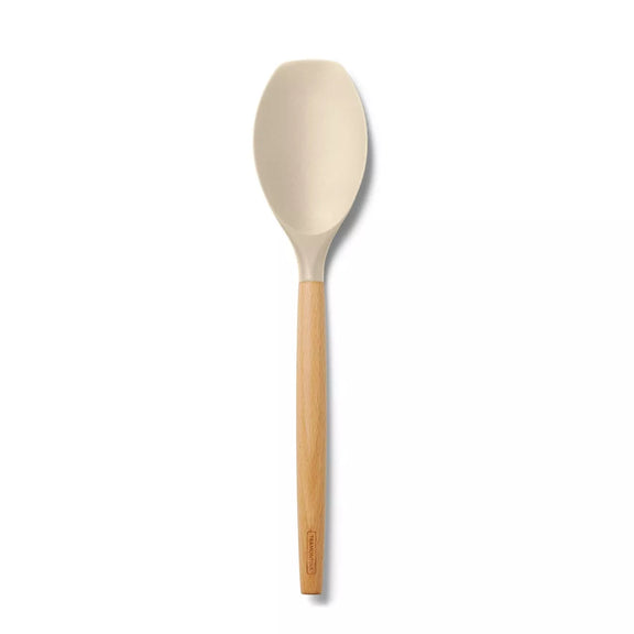 Beige spoon with wooden handle on a white background