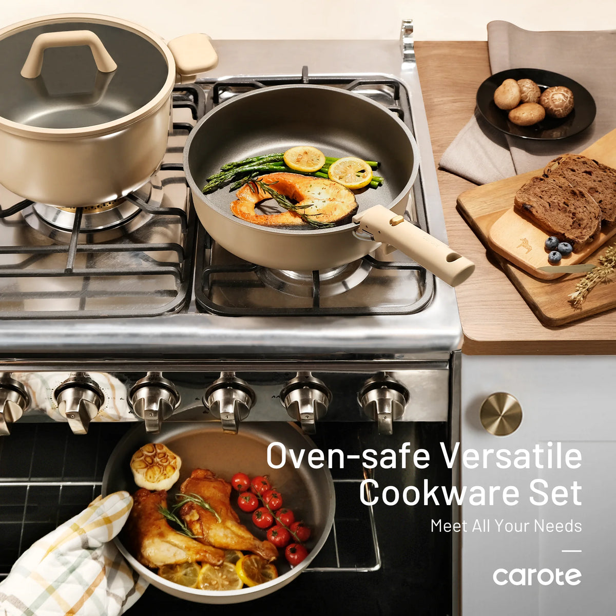Cookware set on a stove with food, featuring 'Oven-safe Versatile Cookware Set' by carote.