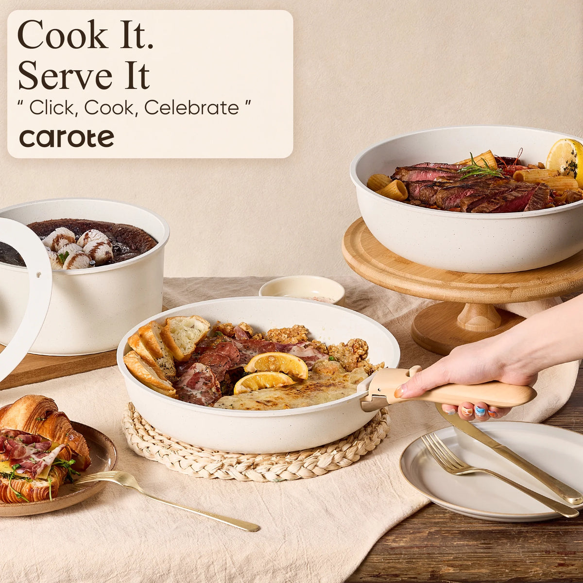 Dishes of food on a table with 'carote' branding and text.