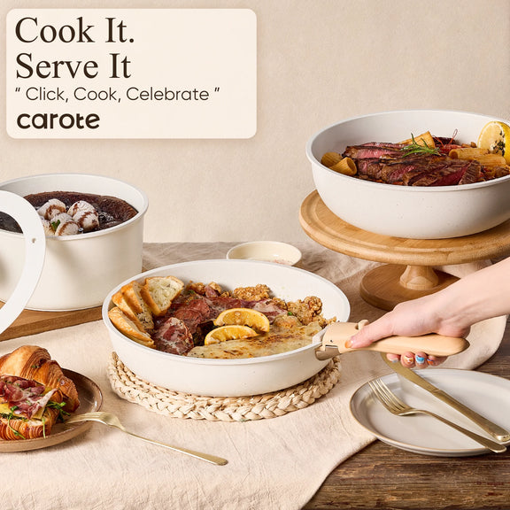 Dishes of food on a table with 'carote' branding and text.