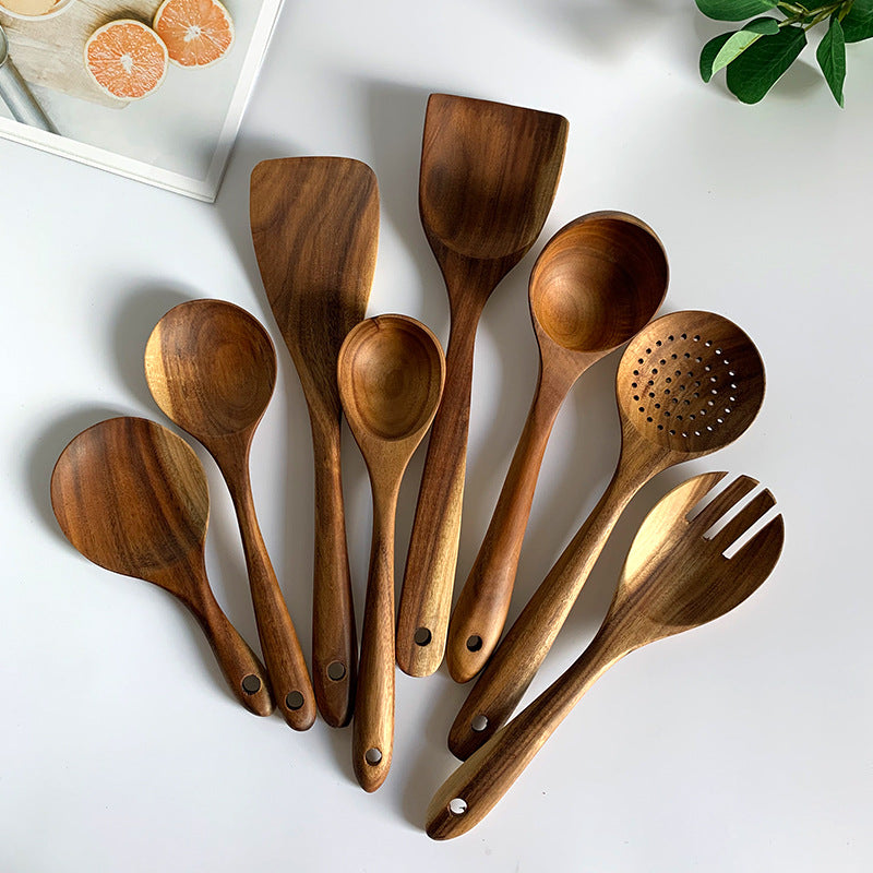 Teak Natural Wood Ladle Turner Colander Soup Skimmer Tool Set