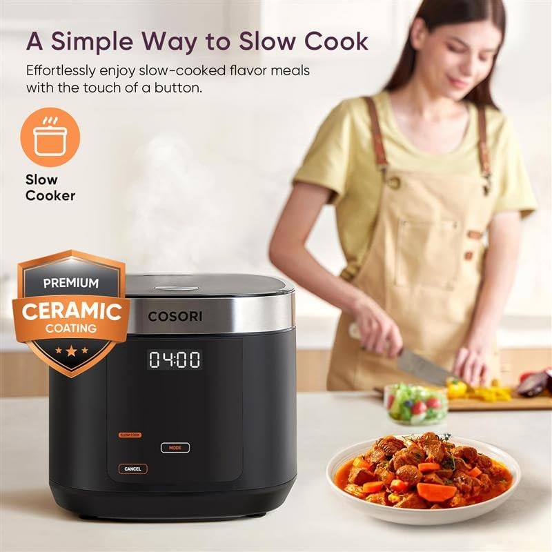 10-Cup Fuzzy Logic Rice Cooker & Steamer | Non-Stick Ceramic Inner Pot Food Steamer & Slow Cooker