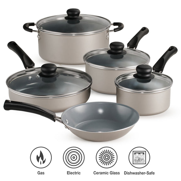 Set of Tramontina cookware with lids on a white background