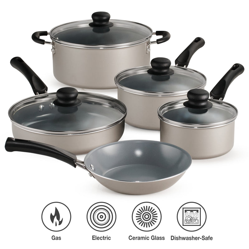 Set of Tramontina cookware with lids on a white background