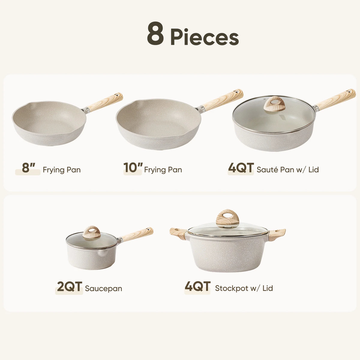 Set of 8-piece cookware set with various pots and pans on a white background