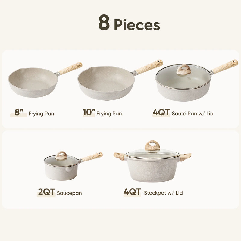 Set of 8-piece cookware set with various pots and pans on a white background