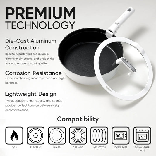 White frying pan with lid on a light gray background, featuring text about die-cast aluminum construction, corrosion resistance, and lightweight design.