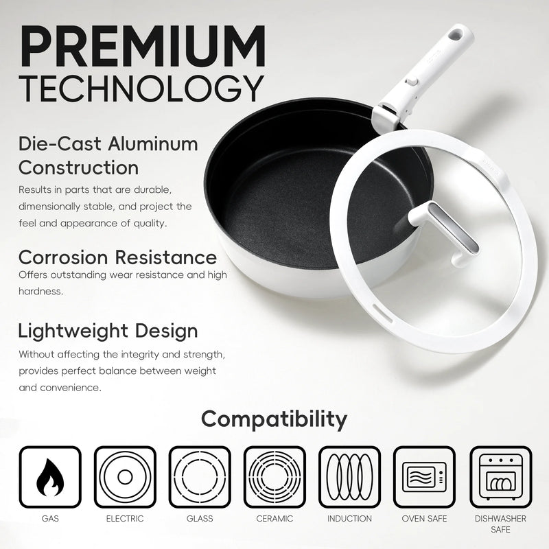 White frying pan with lid on a light gray background, featuring text about die-cast aluminum construction, corrosion resistance, and lightweight design.