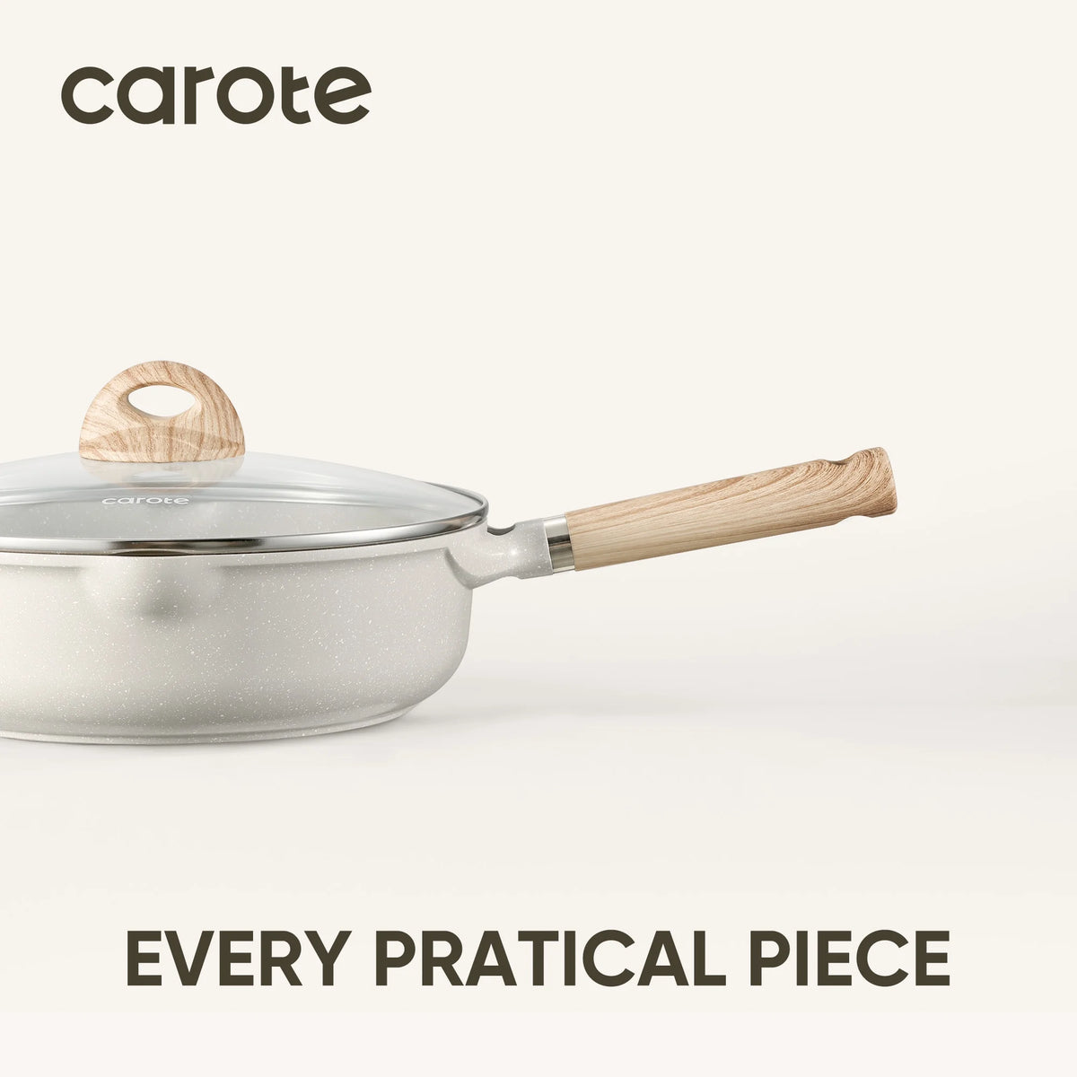 White frying pan with wooden handle and lid knob on a light gray background, featuring the brand 'carote'.