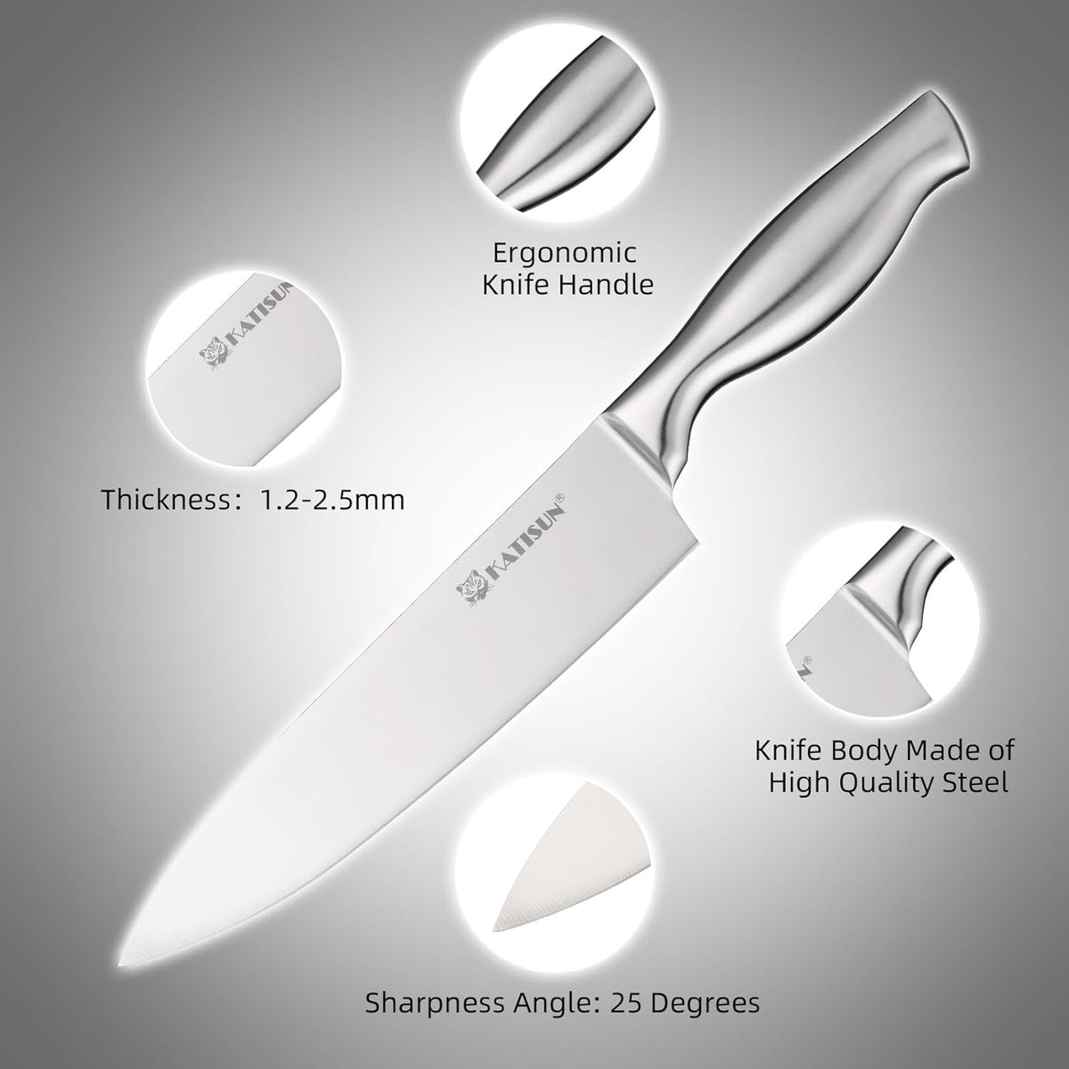 Knife with labeled features on a gray background