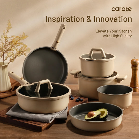 Set of cookware with 'carote' branding on a wooden surface.