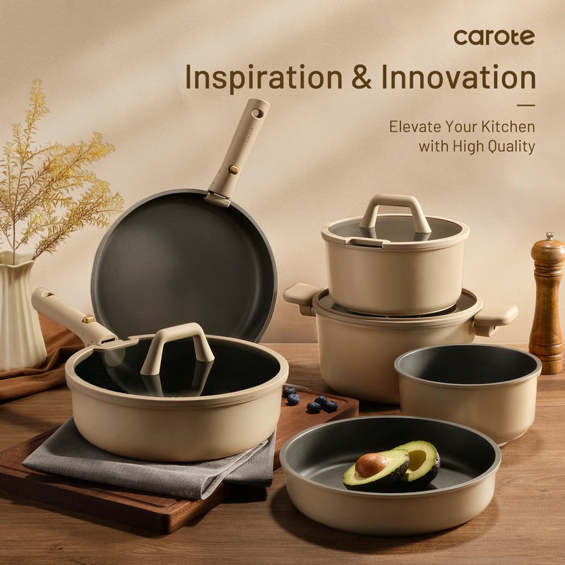 Set of cookware with 'carote' branding on a wooden surface.