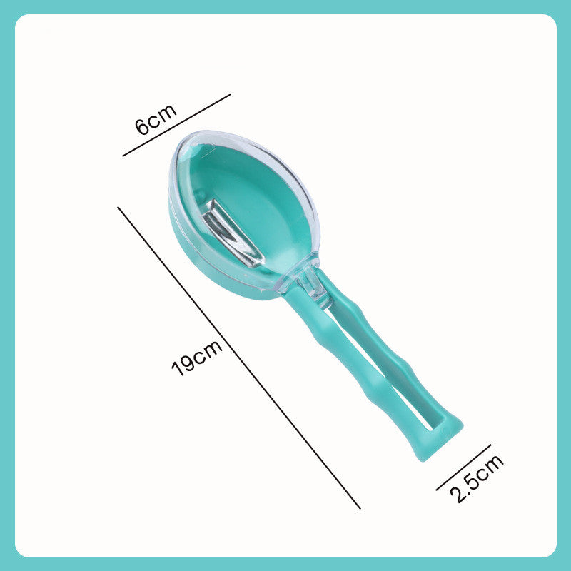 Turquoise kitchen tool with measurements on a white background