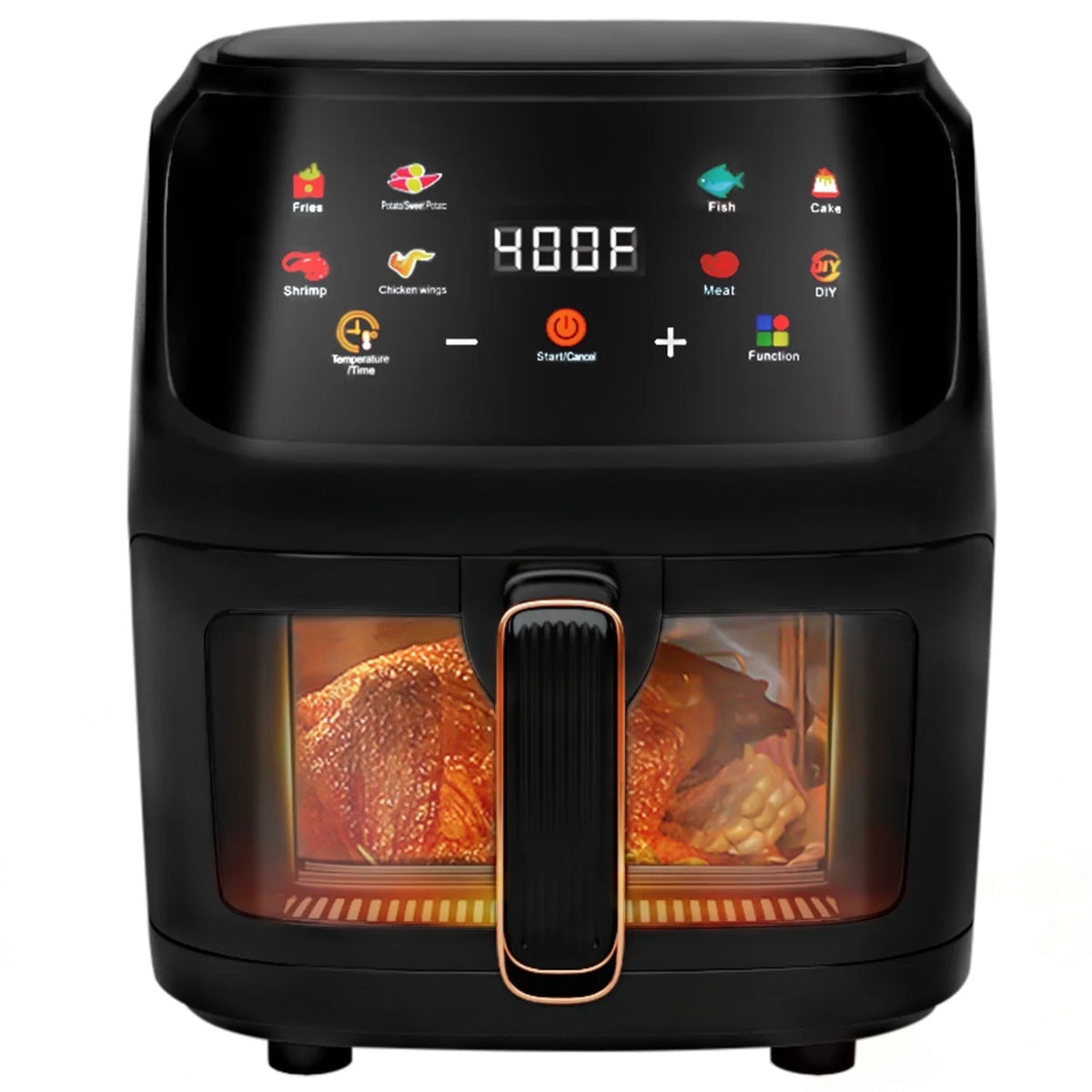 Black air fryer with digital display and food inside, on a white background
