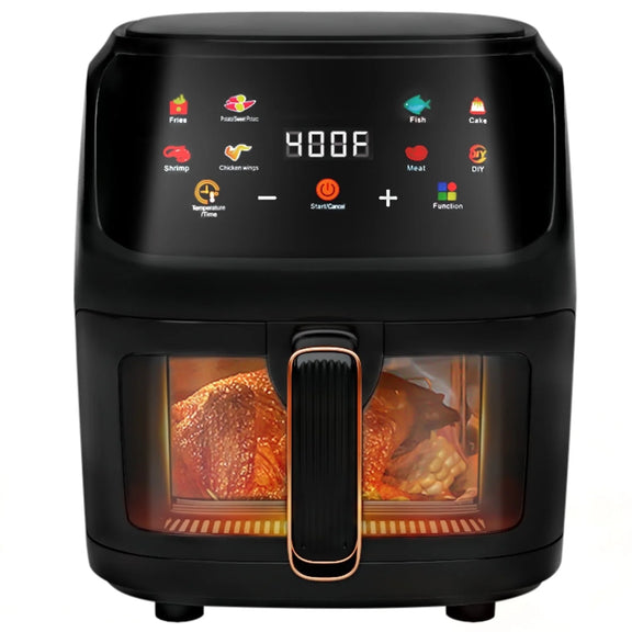 Black air fryer with digital display and food inside, on a white background
