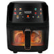 Black air fryer with digital display and food inside, on a white background