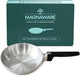Cast aluminum chef skillet with black handle in front of Magnaware packaging.