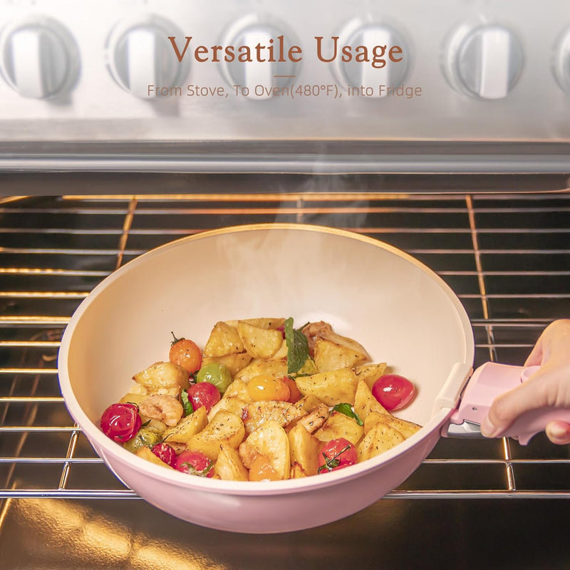 Astercook 21-Piece Non Stick Ceramic Pots and Pans Cookware Set with Detachable Handles in Pink