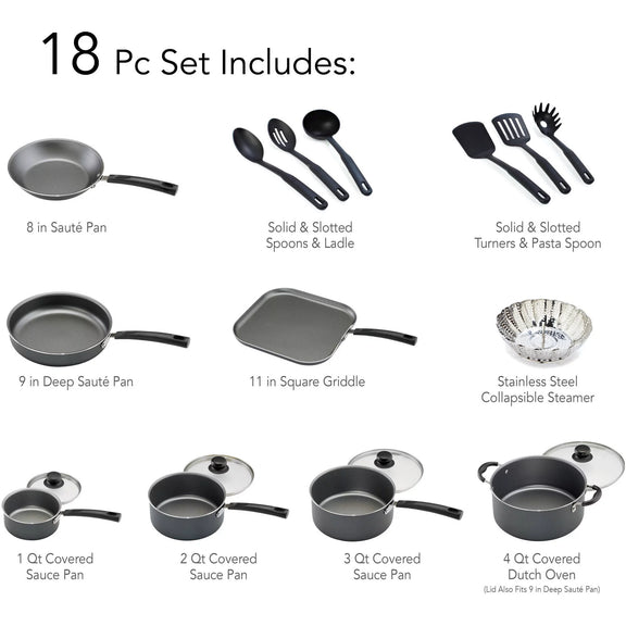 Tramontina  18 Piece Non-Stick Cookware Set, Steel Gray