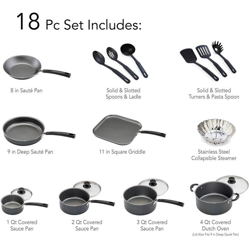 Tramontina  18 Piece Non-Stick Cookware Set, Steel Gray