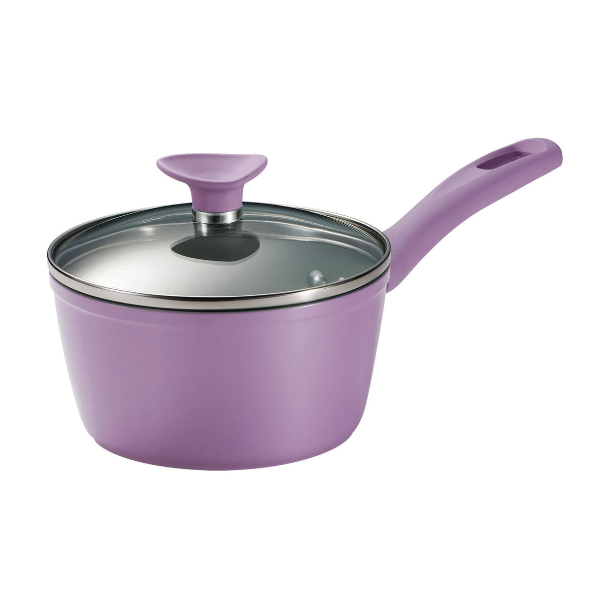 Purple saucepan with lid on a white background