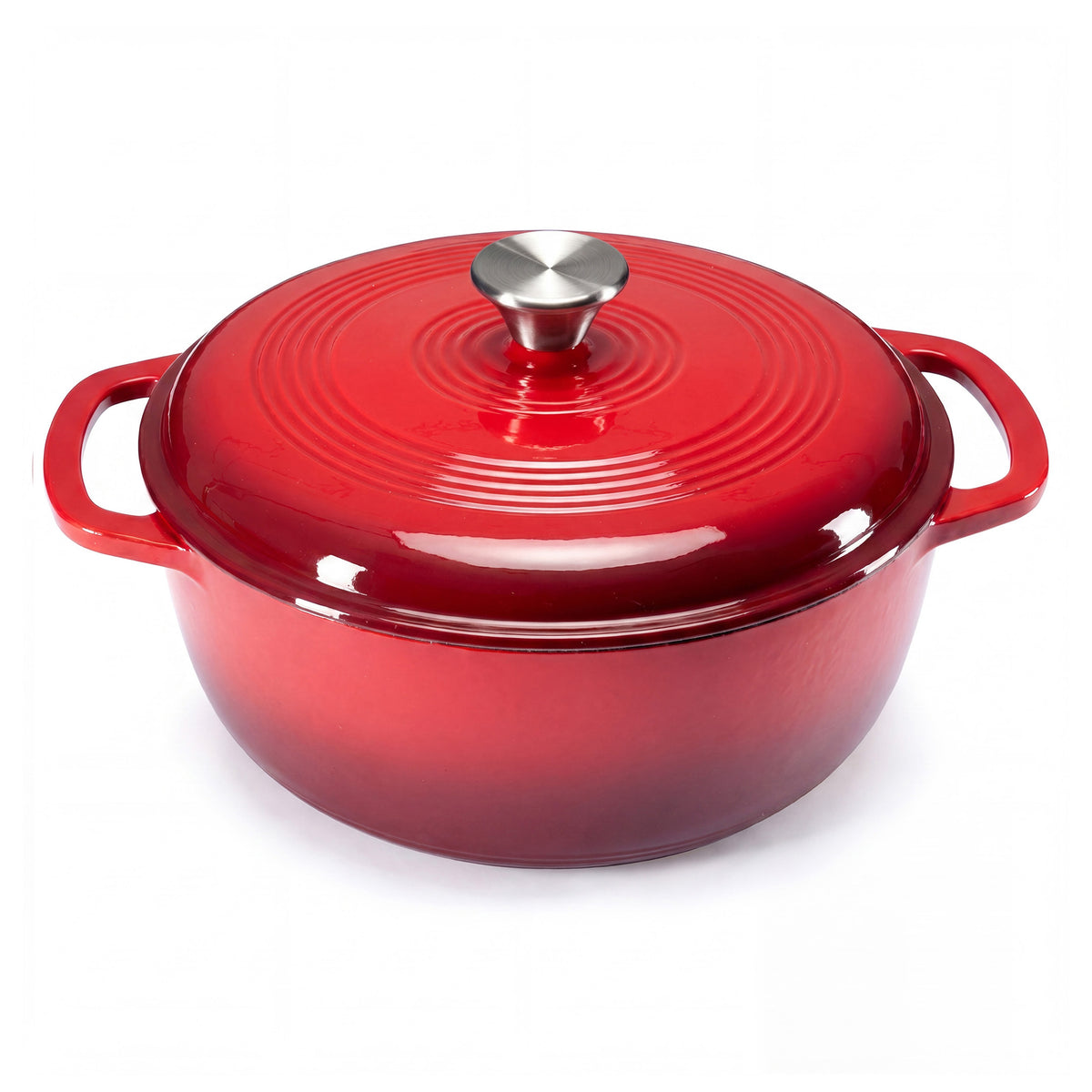 A red enameled cast iron Dutch oven with a matching lid and silver metal knob, shown on a clean white background.