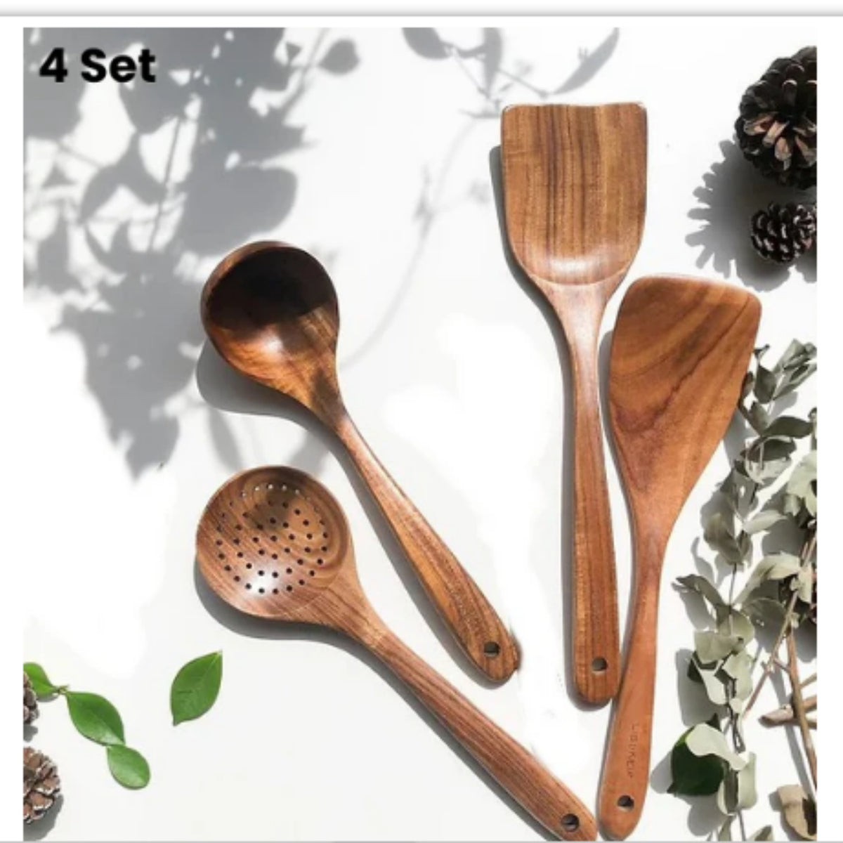 Teak Natural Wood Ladle Turner Colander Soup Skimmer Tool Set