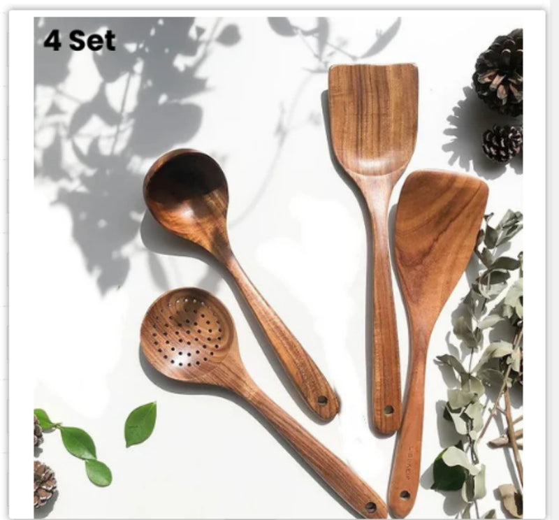 Teak Natural Wood Ladle Turner Colander Soup Skimmer Tool Set