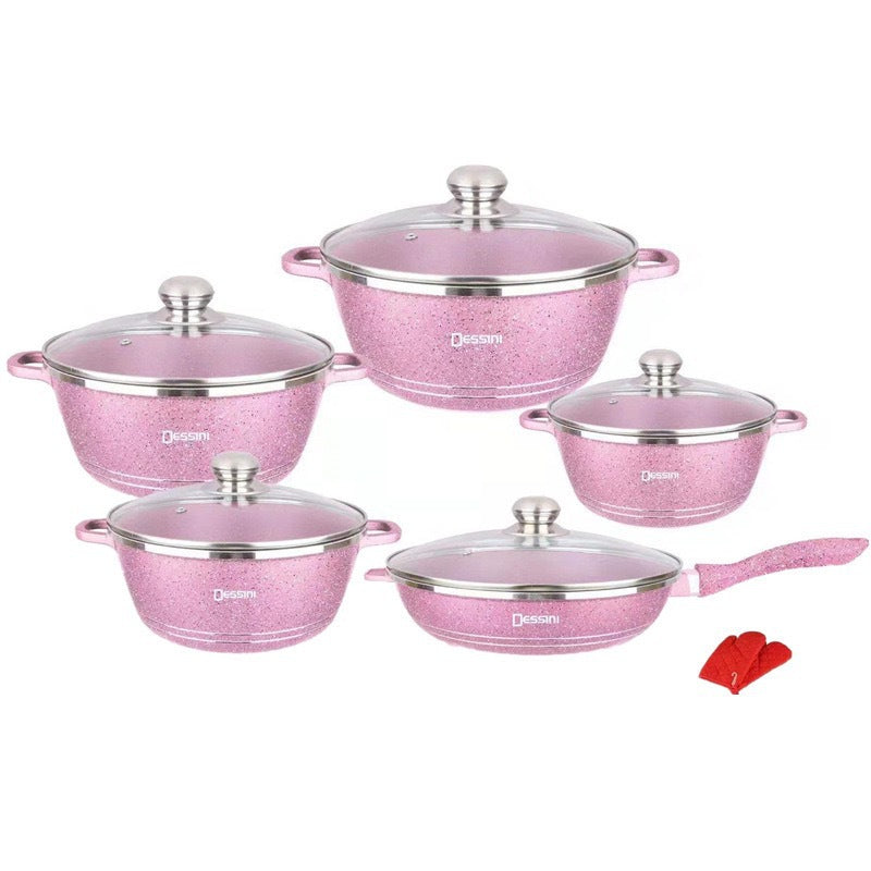 Set of pink cookware with silver lids on a white background