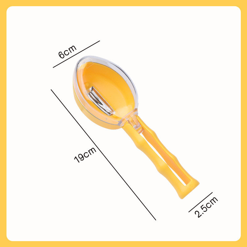 Yellow peeler with dimensions labeled on a white background