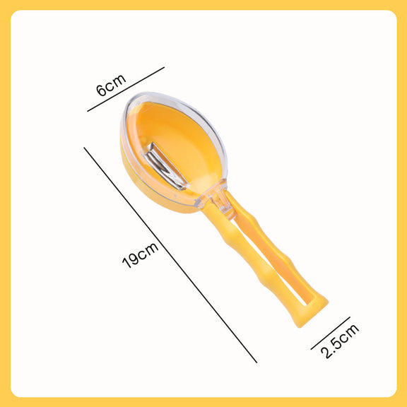 Yellow peeler with dimensions labeled on a white background
